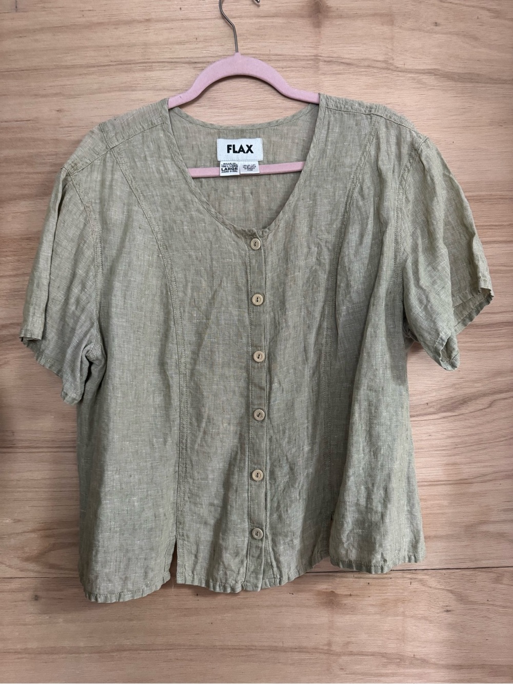 FLAX Linen Button-Front Short Sleeve Top in Olive